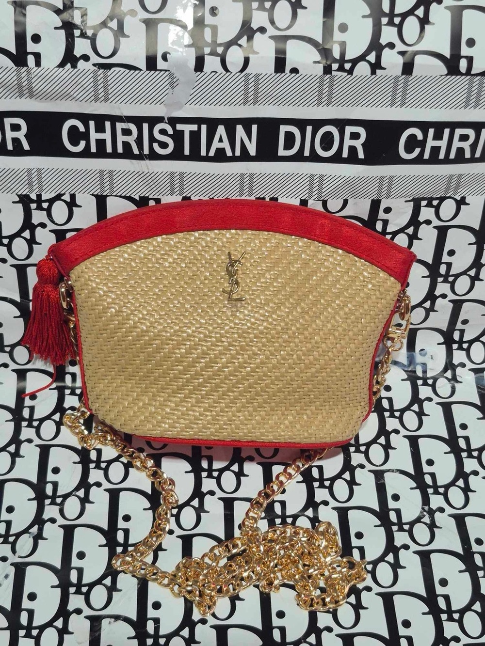 Yves Saint Laurent Red & Natural Straw Crossbody with Gold Chain